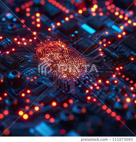 AI-generated content. Digital fingerprint highlighted on an electronic circuit board with glowing elements 111873093