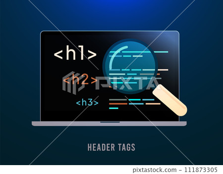 SEO header tags concept, website structure optimization, header tag hierarchy, on-page SEO, HTML tags, search engine optimization strategy, content organization. Vector illustration 111873305