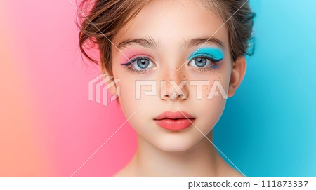 Close-up, Pretty face of a beautiful child girl with multi colors vivid makeup on minimal background, Generative AI 111873337