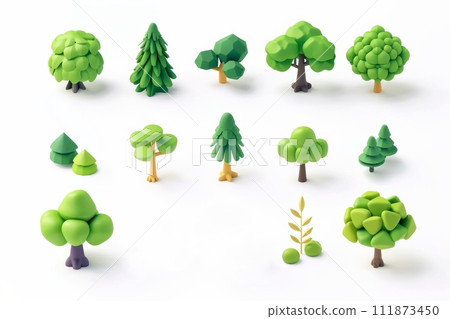 Collection of 3d cute tree isolated on white background, Generative AI 111873450