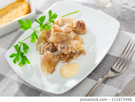 Pieces of homemade pork aspic, meat jelly Pieces of homemade pork aspic, meat jelly 111873498
