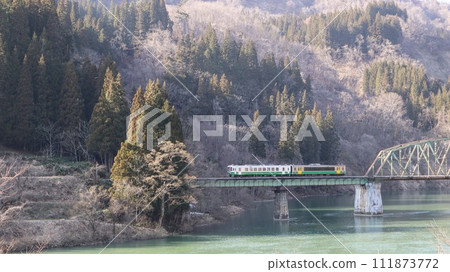 Tadami Line train crossing the iron bridge, Fifth Tadami Bridge 111873772