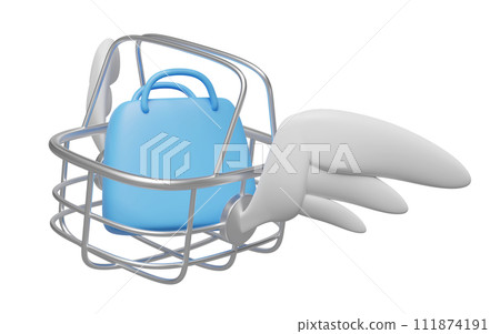 stainless steel shopping basket with wing, bag isolated. Online shopping, express delivery concept, 3d illustration render 111874191