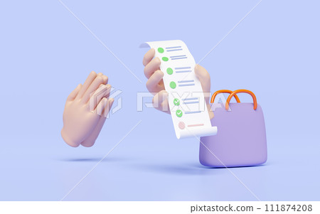 3d hand holding bill receipt paper with shopping bag, pay respects and thank you isolated on blue background. invoice, electronic bill concept, 3d render illustration 111874208
