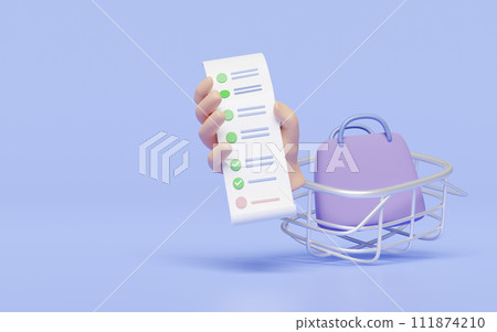 3d hand holding bill receipt paper with shopping bag, basket isolated on blue background. invoice, electronic bill concept, 3d render illustration 3d hand holding bill receipt paper with shopping bag, basket isolated on blue background. invoice, electronic bill concept, 3d render illustration 111874210