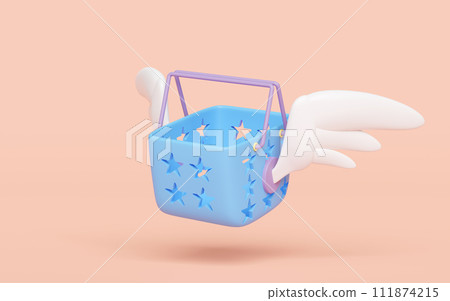 3d empty blue shopping carts or basket with wing isolated on orange background. Online shopping, express delivery concept, 3d illustration render 111874215