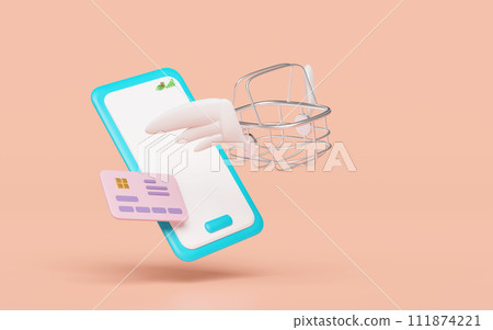 mobile phone, smartphone with empty stainless steel shopping basket wing, credit card isolated on orange background. Online shopping, express delivery concept, 3d illustration render mobile phone, smartphone with empty stainless steel shopping basket wing, credit card isolated on orange background. Online shopping, express delivery concept, 3d illustration render 111874221
