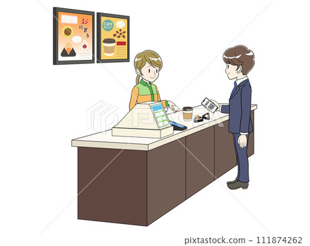 商人在便利商店收銀台用智慧型手機付款 111874262