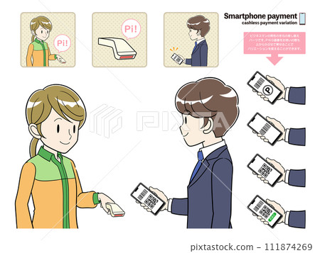 商人和收銀員進行無現金支付的插圖集 111874269