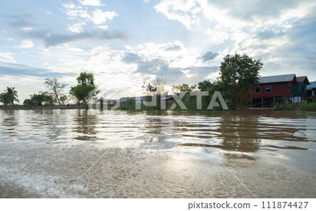 Inle Lake City, The Floating village urban city town houses, lake sea or river. Nature landscape fisheries and fishing tools, Myanmar. Aquaculture farming 111874427