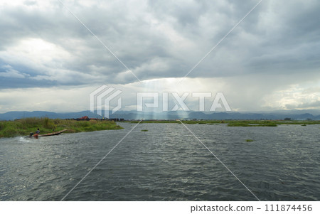 Inle Lake City, The Floating village urban city town houses, lake sea or river. Nature landscape fisheries and fishing tools, Myanmar. Aquaculture farming 111874456