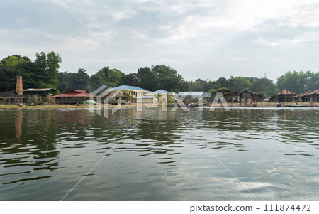Inle Lake City, The Floating village urban city town houses, lake sea or river. Nature landscape fisheries and fishing tools, Myanmar. Aquaculture farming 111874472