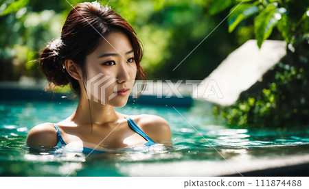 Young woman playing in a resort hotel pool AI-generated image 111874488