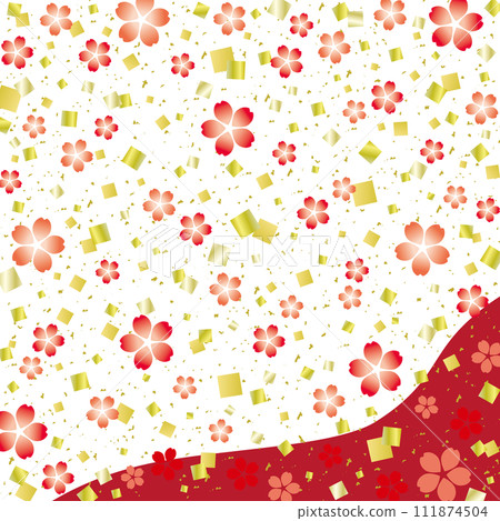 Japanese style background of cherry blossoms and gold foil confetti/square/red and gold 111874504