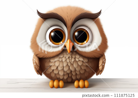 Cute cartoon owl with big brown eyes perched on a branch against a white background Cute cartoon owl with big brown eyes perched on a branch against a white background 111875125