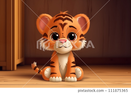 A playful cartoon tiger cub with bright orange fur, perfect for a children's book illustration A playful cartoon tiger cub with bright orange fur, perfect for a children's book illustration 111875365