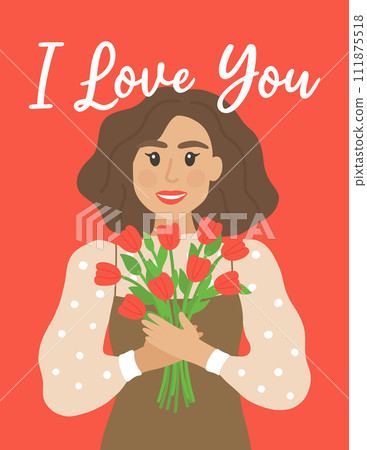 World Mother's Day Card with Girl and Bouquet. Hand drawn flat cartoon element. Vector illustration 111875518