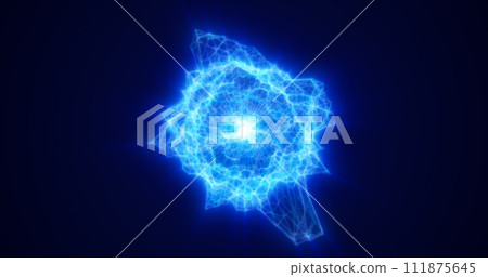 Abstract glowing looped light hi-tech energy blue sphere atom clot of energy from lines of waves and particles futuristic, abstract background Abstract glowing looped light hi-tech energy blue sphere atom clot of energy from lines of waves and particles futuristic, abstract background 111875645