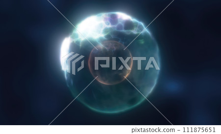 Green energy magic circle, sphere, ball made of futuristic waves and lines of particles of atomic energy and electricity force field. Abstract background 111875651