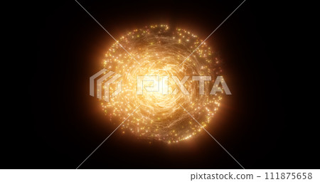 Abstract energy magic yellow sphere ball atom round molecule made of glowing bright electric electrons small round particles flying dots on black background 111875658