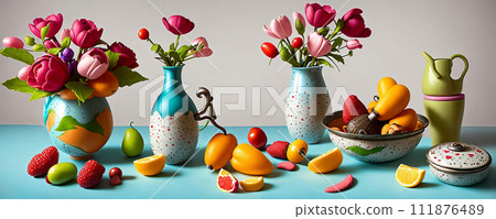 Whimsical still life. focusing on playful arrangements, color contrasts, and storytelling elements. Generative AI. 111876489