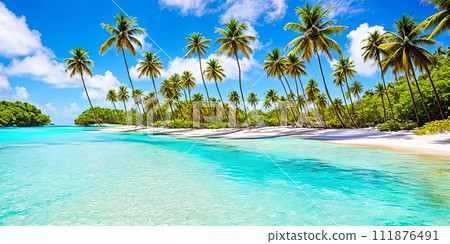 Sea stretches alongside a long white beach, where a gracefully curved palm tree sways in the breeze. 111876491