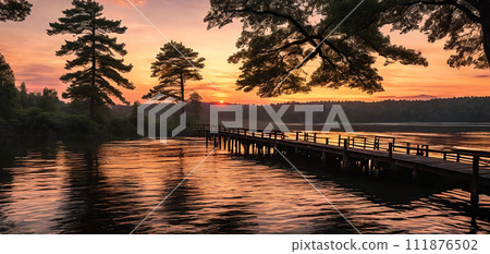 A vibrant sunset paints the sky over a tranquil forest lake pier Generative AI A vibrant sunset paints the sky over a tranquil forest lake pier Generative AI 111876502