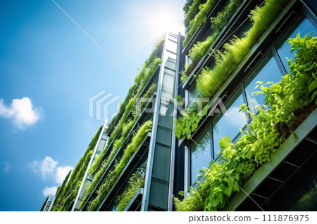 Eco-friendly building in the modern city. Sustainable glass office building with tree for reducing carbon dioxide. Office building with green environment. Corporate building reduce CO2. Generative AI 111876975