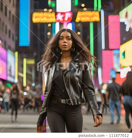 Jamaican woman in the city at sunset 111877012