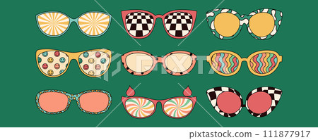 Psychedelic retro sunglasses with different patterns. Trendy retro 1970s style. Vector illustration. 111877917