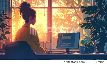 Woman with laptop on the terrace of the house. 111877984
