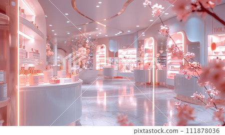 Cosmetic shop interior with pink cherry blossom flowers 111878036
