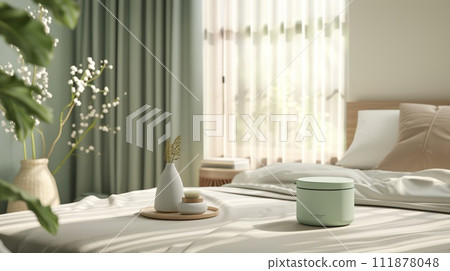 Cosmetic products on bed in a modern living room 111878048