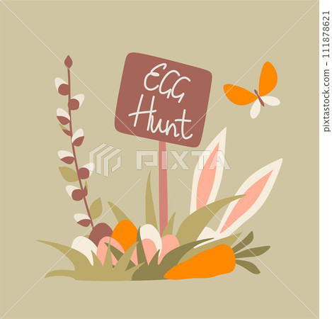 Cartoon Easter Egg Hunt Isolated Illustration. Bunny Ears, Sign, Willow, Carrot, Wooden sign. Vector Flat Template for Holiday Card, Banner, Decoration, Invitation. Rabbit and Other Religious Symbols 111878621