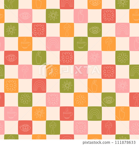 Pink checkered seamless patterns, retro repeat background. Summer checkerboard wallpaper. Vector print 111878633