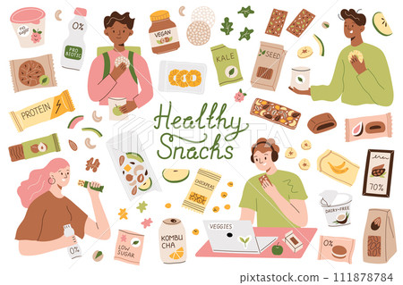 Healthy snacks, people eating granola bars and dried fruit, vegans with organic food, protein desserts, sugar free snack, natural health diet, vector illustrations of cartoon characters 111878784