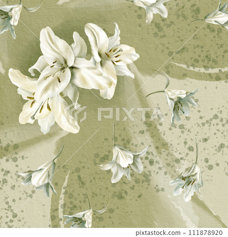 Watercolor print for silk scarf with with asymmetrical composition with white lilies and splashes in eco palette. For weddings, communion, baptism. 111878920