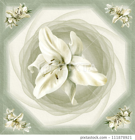 Watercolor print for silk scarf with with symmetrical composition with white lilies in eco palette. For weddings, communion, baptism. 111878921