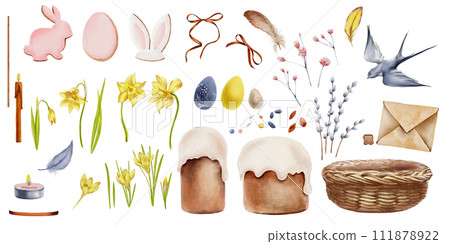 Watercolor set of Easter elements,spring mood. Perfect for card making, party invitations, wedding, stationery, greeting cards, D.I.Y. Watercolor set of Easter elements,spring mood. Perfect for card making, party invitations, wedding, stationery, greeting cards, D.I.Y. 111878922