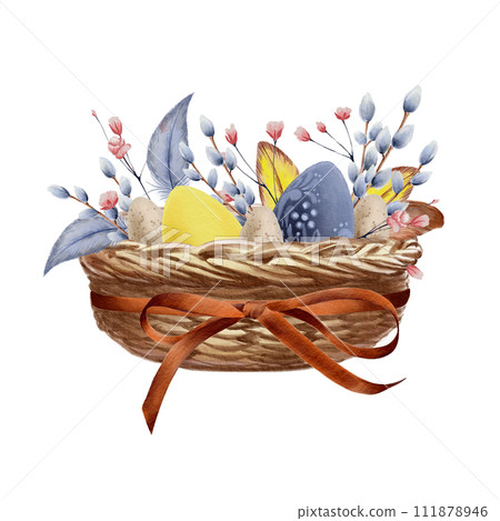 Watercolor set old wicker basket with ribbon,eggs with gypsophila flowers,willow branches and feathers.Isolate illustration in vintage style. Watercolor set old wicker basket with ribbon,eggs with gypsophila flowers,willow branches and feathers.Isolate illustration in vintage style. 111878946