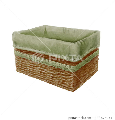 Empty rectangular wicker basket with green cloth and with green lace ribbon. For cosmetics, flowers, food, home interior.Watercolor illustration.Isolated image on white background. 111878955