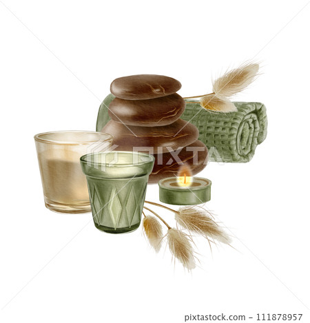 Watercolor composition from a stack of massage stones, candles, a rolled cotton towel, dried flowers. Accessory for aromatherapy.Wellness and beauty salon spa concept. Watercolor composition from a stack of massage stones, candles, a rolled cotton towel, dried flowers. Accessory for aromatherapy.Wellness and beauty salon spa concept. 111878957