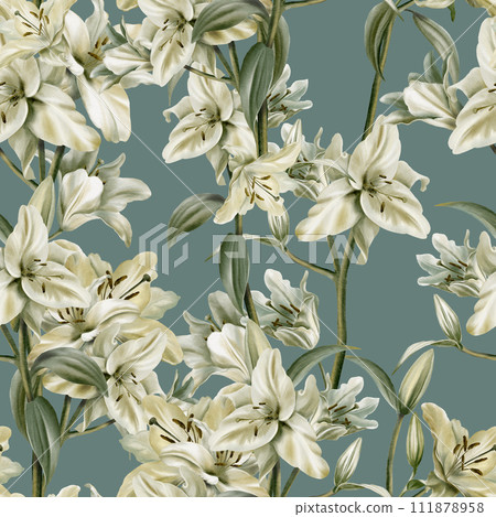Watercolor seamless pattern of white lilies on the sage leaf background.For fabric,cards, flyers, poster, banner,stoles, wallpaper, furniture. Watercolor seamless pattern of white lilies on the sage leaf background.For fabric,cards, flyers, poster, banner,stoles, wallpaper, furniture. 111878958