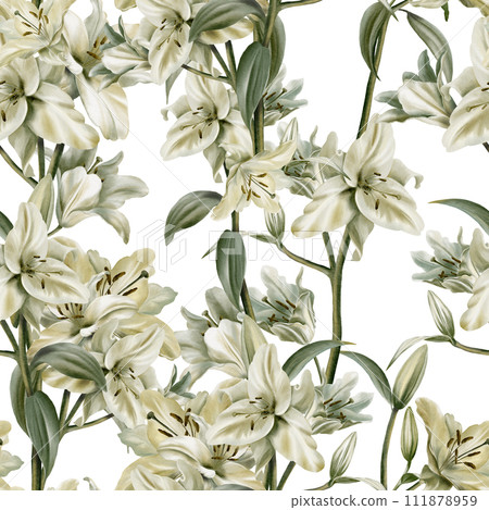 Watercolor seamless pattern of white lilies on the white background.Sage leaf color for for fabric,cards, flyers, poster, banner,stoles, wallpaper, furniture. 111878959