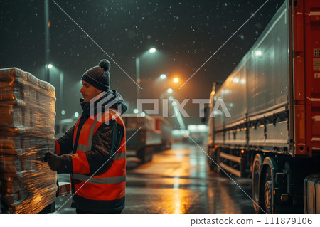 A dedicated worker, wearing a reflective safety vest and beanie, secures cargo during a snowy night shift at a freight transport area, with the glow of truck lights and street lamps illuminating the A dedicated worker, wearing a reflective safety vest and beanie, secures cargo during a snowy night shift at a freight transport area, with the glow of truck lights and street lamps illuminating the 111879106