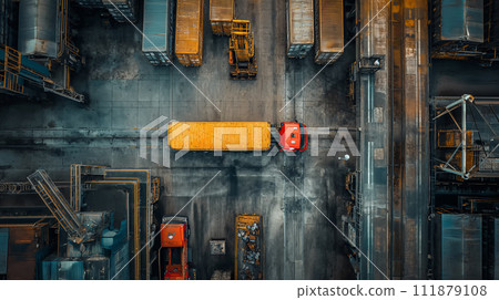 From a bird's-eye perspective, an industrial freight truck is seen being loaded with goods amidst a complex of containers and pallets at a busy distribution center, organized for efficiency. From a bird's-eye perspective, an industrial freight truck is seen being loaded with goods amidst a complex of containers and pallets at a busy distribution center, organized for efficiency. 111879108