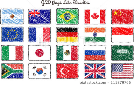 A set of hand-drawn G20 flag illustrations that look like a child's doodles. A set of hand-drawn G20 flag illustrations that look like a child's doodles. 111879766
