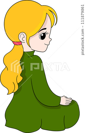 cartoon doodle illustration of Muslim worship, a girl wearing a green dress is sitting in meditation and restraining herself cartoon doodle illustration of Muslim worship, a girl wearing a green dress is sitting in meditation and restraining herself 111879861