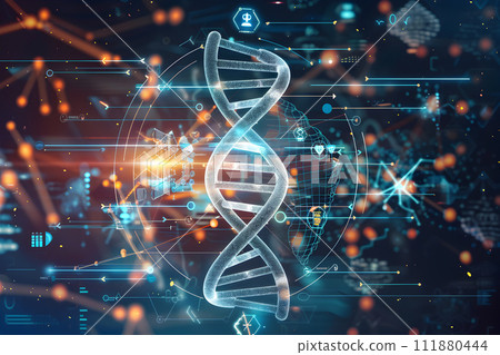 AI-generated content. Decoding genetic information concept - DNA surrounded with AI icons AI-generated content. Decoding genetic information concept - DNA surrounded with AI icons 111880444