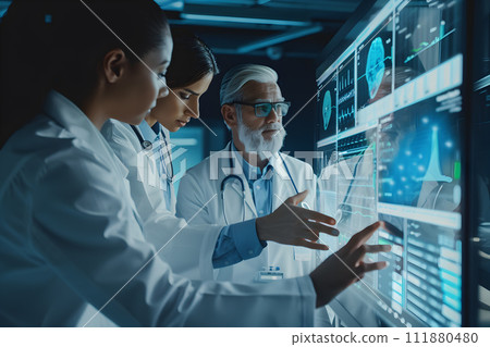 AI-generated content. Team of healthcare professionals monitor patient's data with help of AI AI-generated content. Team of healthcare professionals monitor patient's data with help of AI 111880480